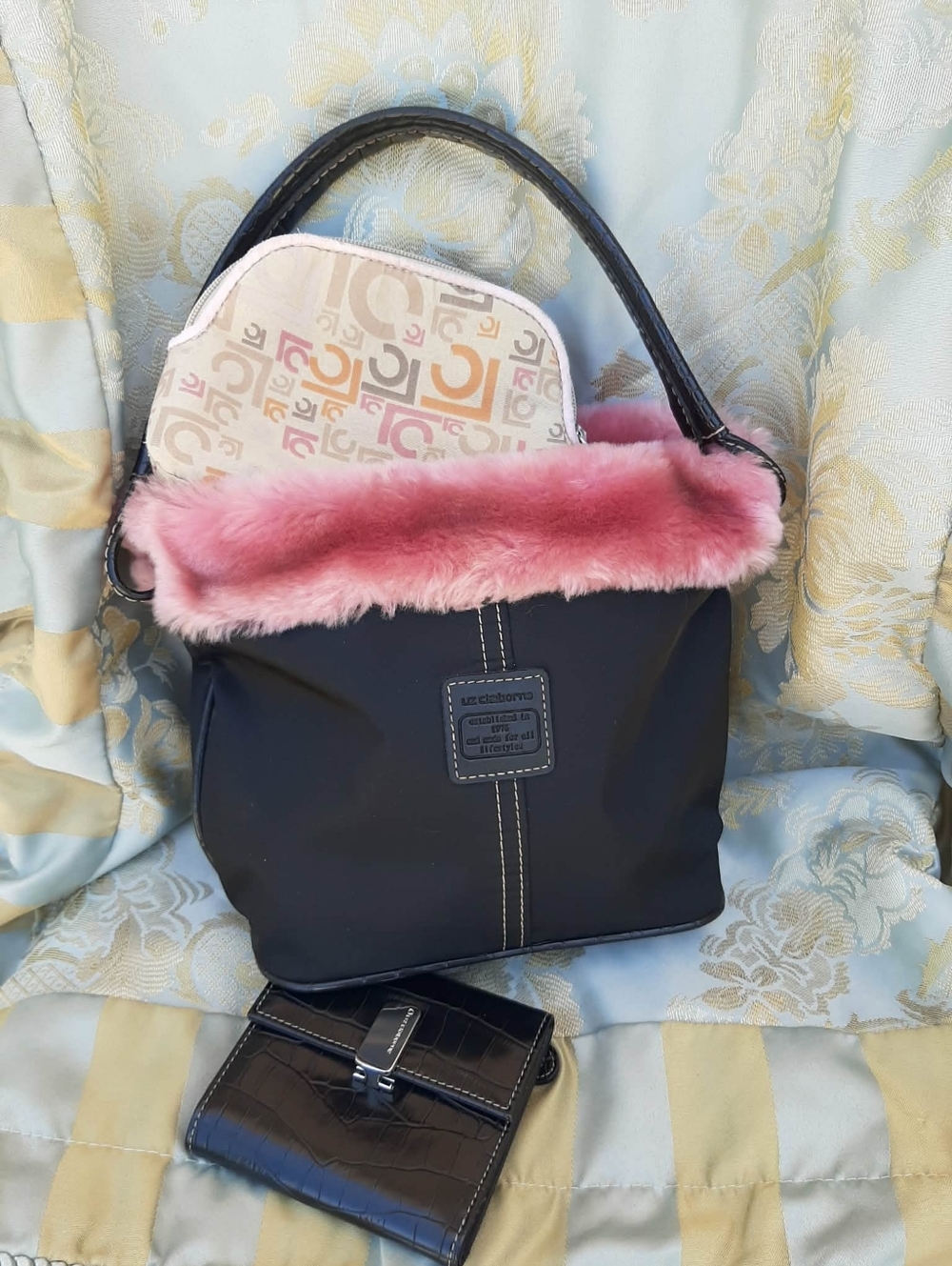 LIZ CLAIBORNE 2001 Vintage Y2K Small Fur Lined Nylon Bucket Tote 3 Pc Set